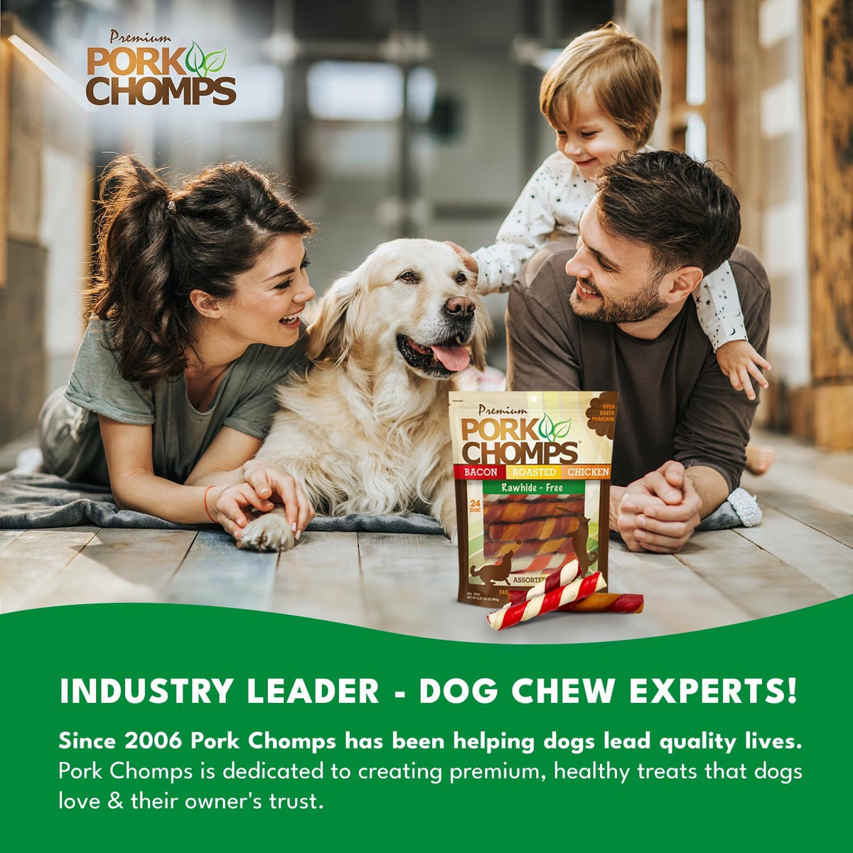Pork Chomps Roasted Pork Skin Dog Chews, Long Lasting 6in Twists, 4 Count