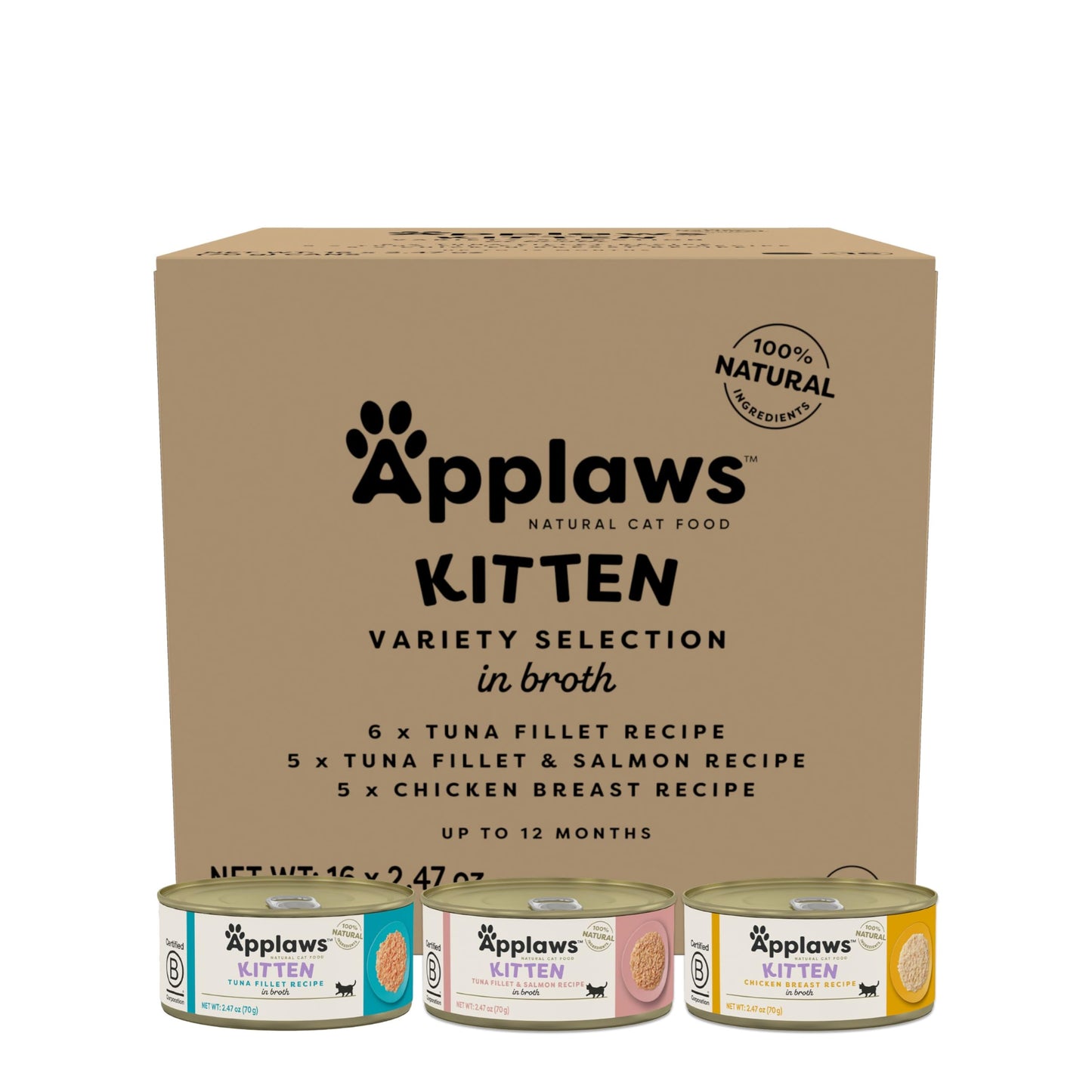 Applaws Natural Wet Kitten Food, Limited and Natural Ingredients, High Protein with No Artificial Additives, Kitten Variety Selection in Broth (6 x 2.47oz Cans)