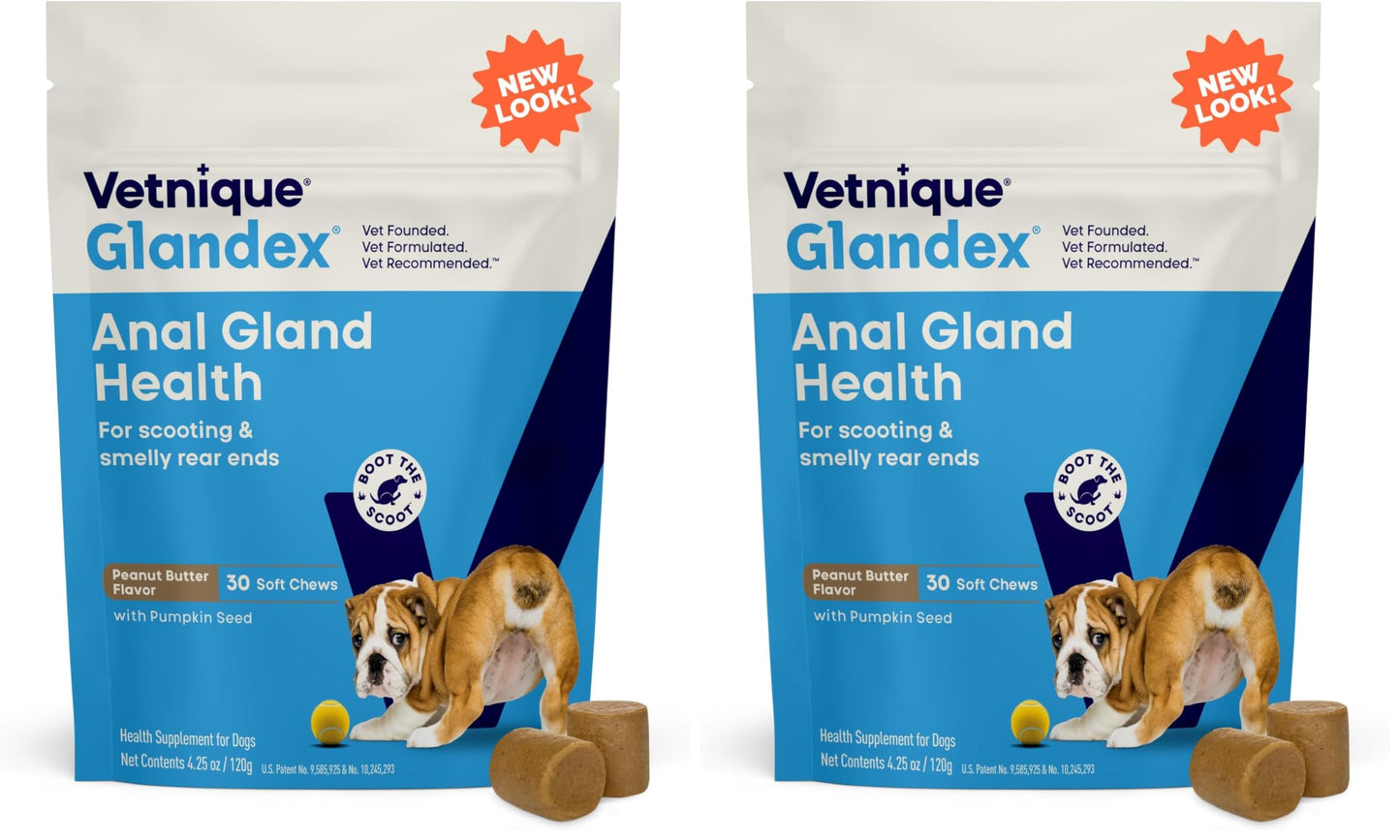 Vetnique Glandex Anal Gland Soft Chew Treats with Pumpkin for Dogs Digestive Enzymes, Probiotics Fiber Supplement for Dogs Boot the Scoot (30ct, Peanut Butter Chews)