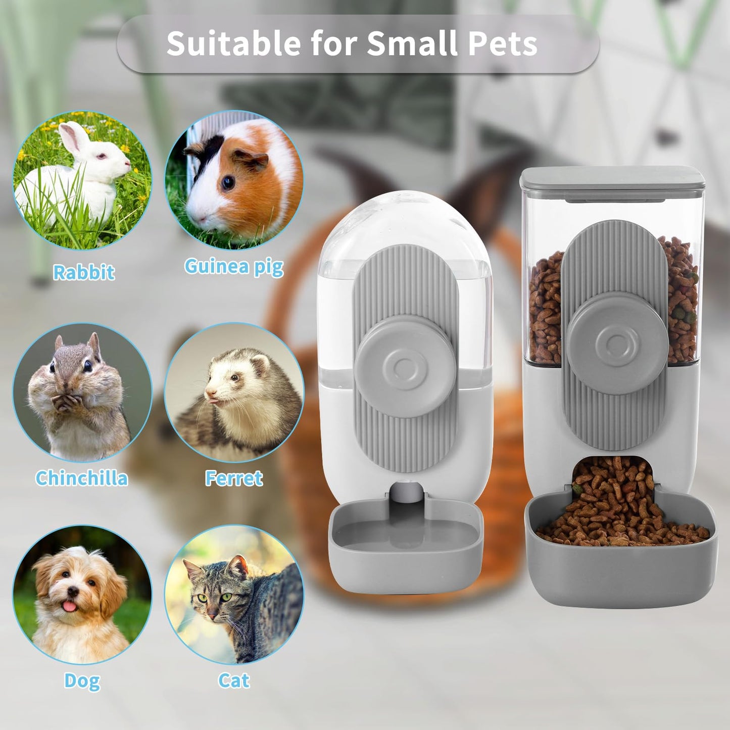 Lemtrflo Hanging Automatic Food and Water Dispenser, Gravity Rabbit Feeder Set, Cage Cat and Bunny Food Bowl (Cage Grid Spacing Over 1.2'')