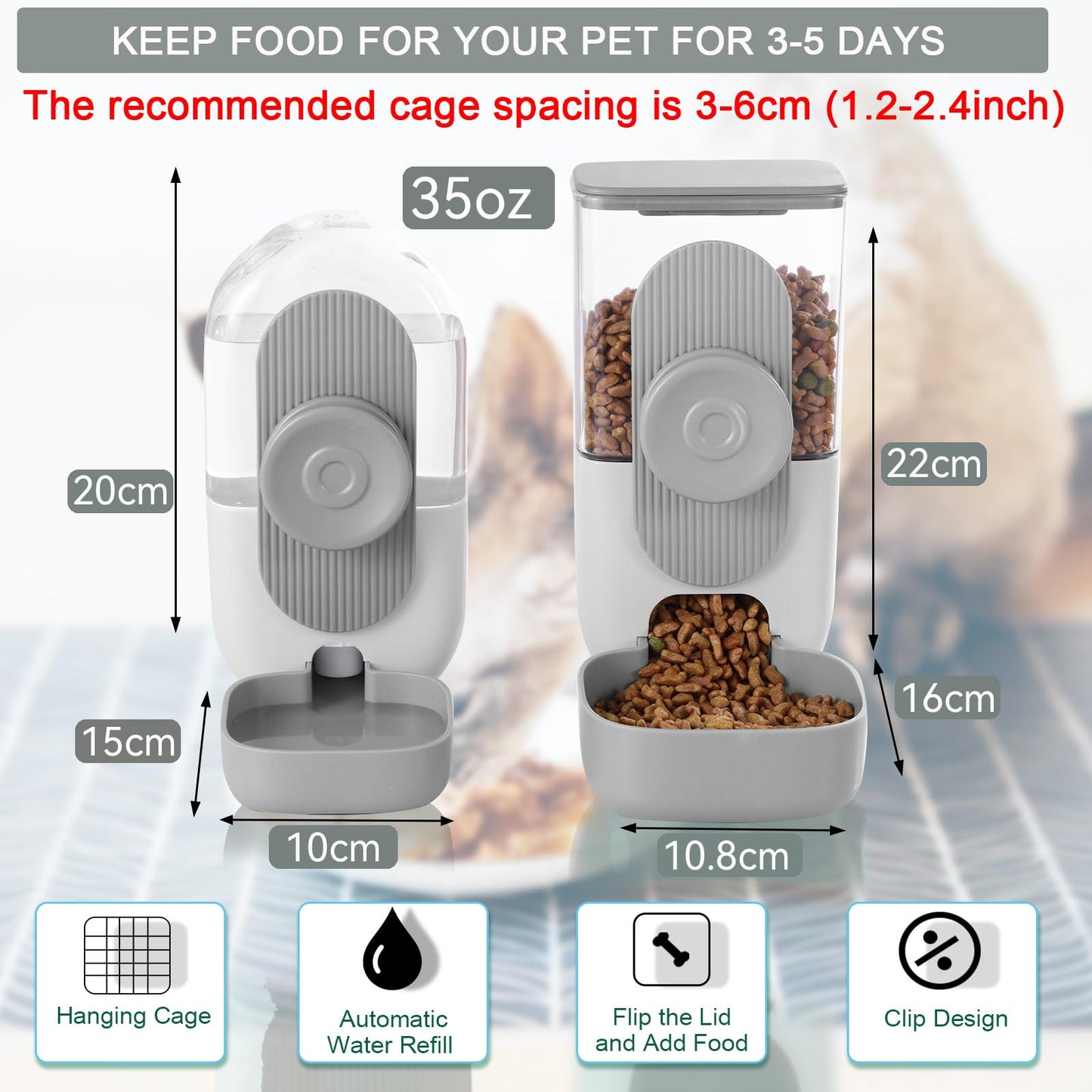 Lemtrflo Hanging Automatic Food and Water Dispenser, Gravity Rabbit Feeder Set, Cage Cat and Bunny Food Bowl (Cage Grid Spacing Over 1.2'')