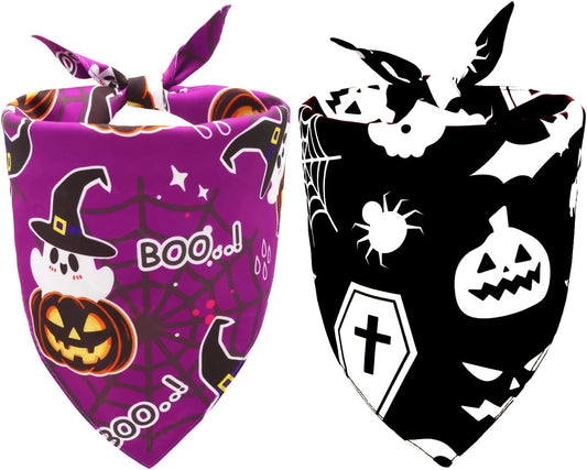 Halloween Dog Bandanas,Pumpkin and Cute Ghost Pet Scarf,Seasonal Outfit for Boy and Girl Dogs,Reversible Holiday Dog Costume for Medium to Large Dogs(2PCS,Purple,Black&White)