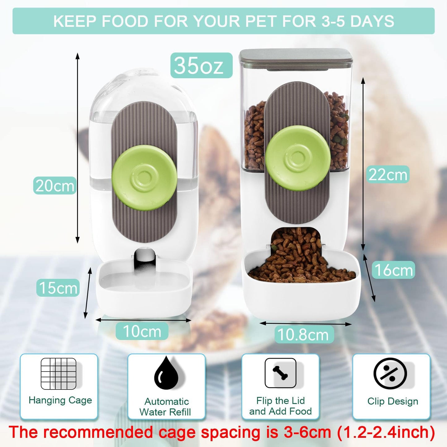 Lemtrflo Hanging Automatic Food and Water Dispenser, Gravity Rabbit Feeder Set, Cage Cat and Bunny Food Bowl (Cage Grid Spacing Over 1.2'')