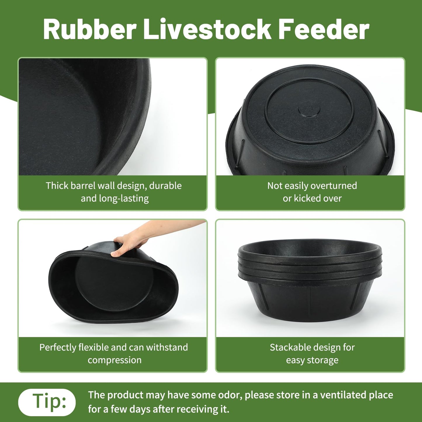 2Pcs Rubber Feed Pan, 1 Gallon Horse Feed Bucket Utility Feed Bucket, 10.6 x 4.1Inches Rubber Bowl Chicken Dust Bath Livestock Water Bowl for Pig Goat Chicken Dogs Farm Small Animal