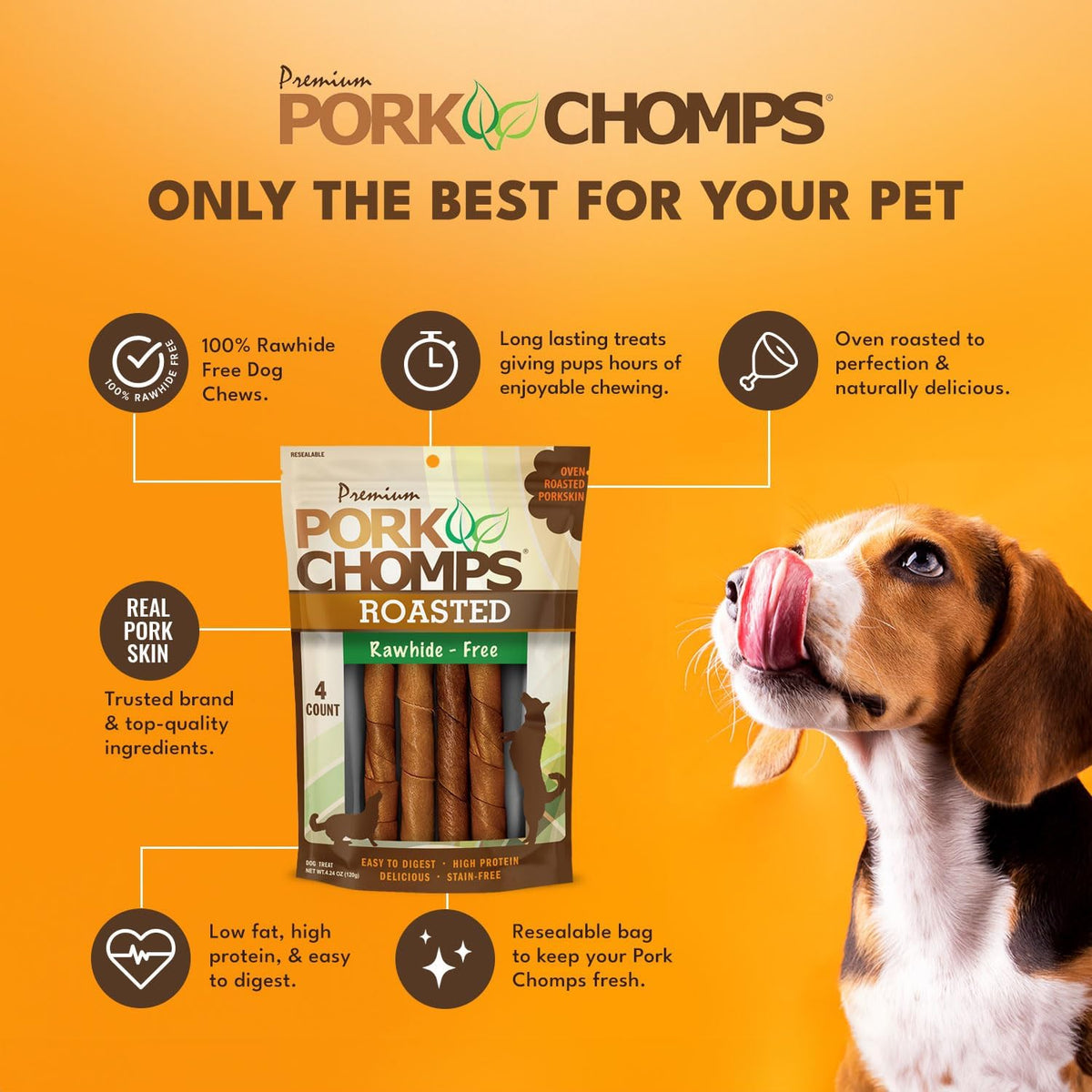 Pork Chomps Roasted Pork Skin Dog Chews, Long Lasting 6in Twists, 4 Count