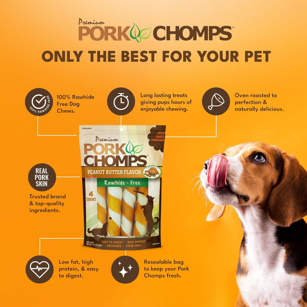 Pork Chomps Roasted Pork Skin Dog Chews, Long Lasting 6in Twists, 4 Count
