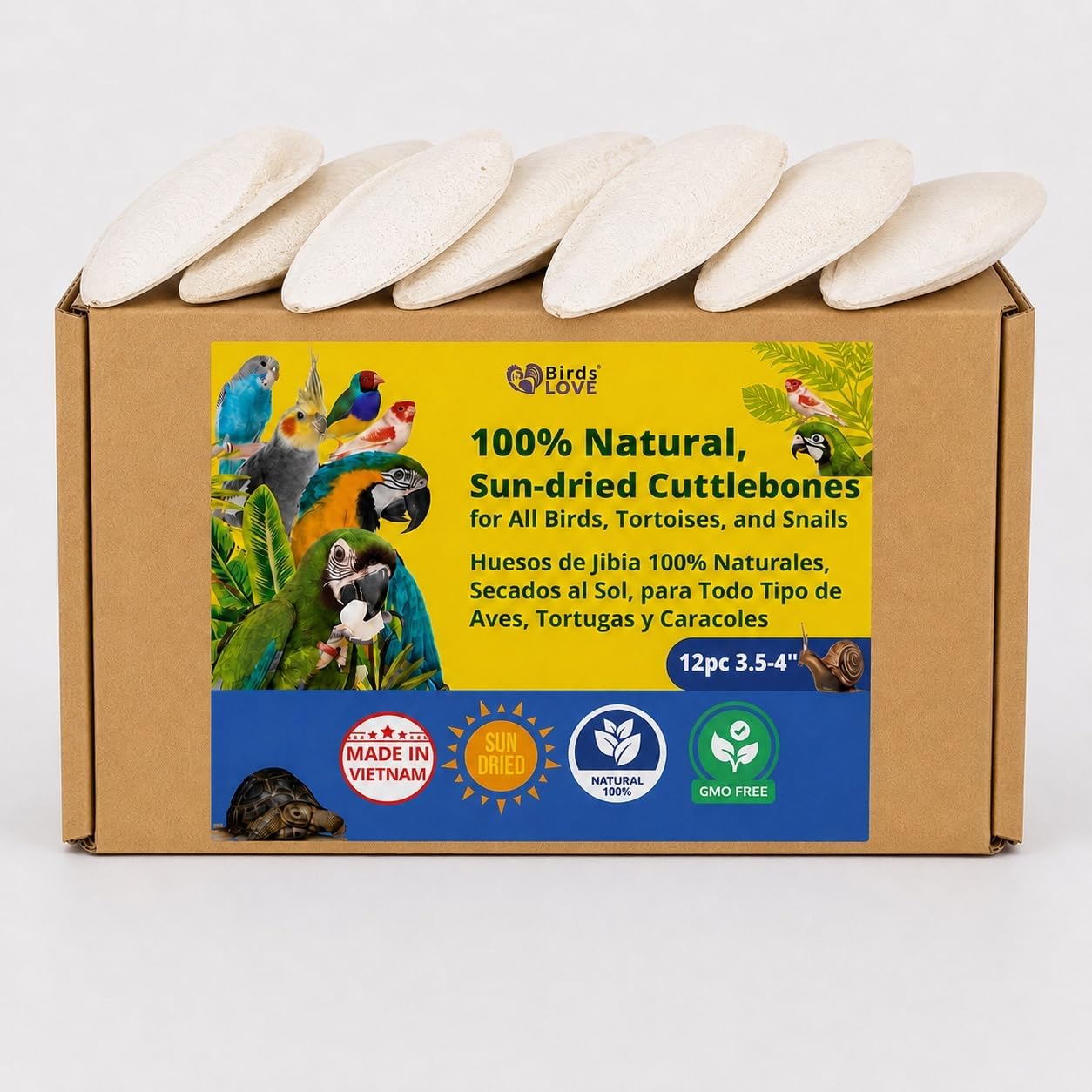 Birds LOVE 3.5-4″ Cuttlebone for Birds – 100% Natural Sun-Dried Calcium & Beak Conditioning Supplement for Parakeets, Budgies, Cockatiels, Finches & Canaries – 4 Pack with Holder – Made in Vietnam
