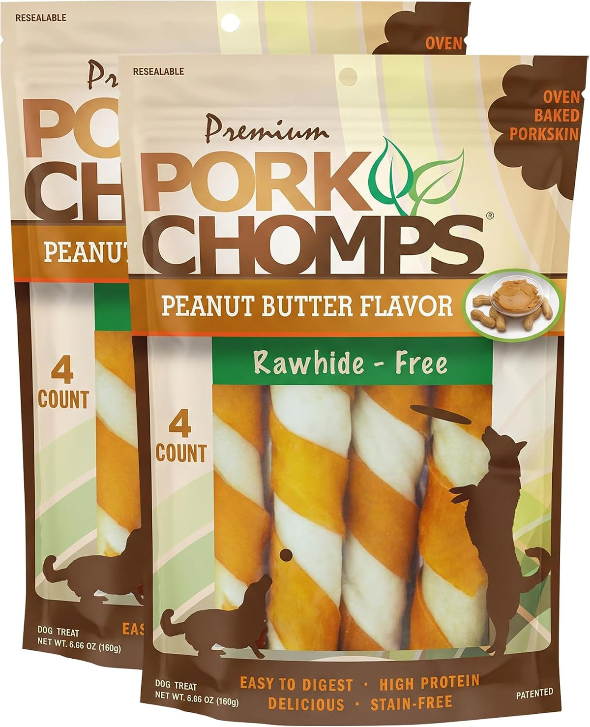 Pork Chomps Roasted Pork Skin Dog Chews, Long Lasting 6in Twists, 4 Count