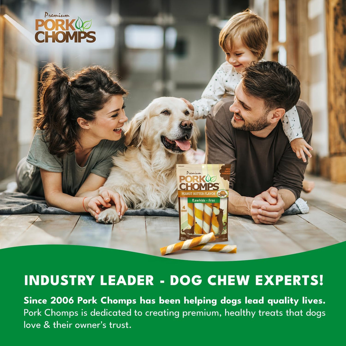 Pork Chomps Roasted Pork Skin Dog Chews, Long Lasting 6in Twists, 4 Count
