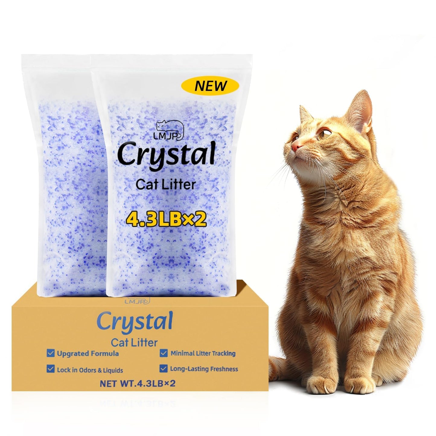 LMJP Crystal Cat Litter with Powerful Odor Control, Non-Clumping, Lasts Up to 2 Months, 8.6lb, Rapid Water Absorption, Unscented & Low Tracking Lightweight Blue & White Silica, 2 Pack of 4.3lb