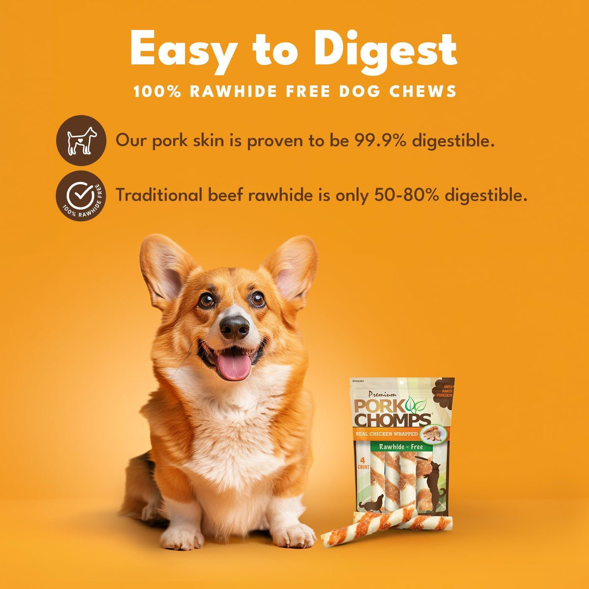 Pork Chomps Roasted Pork Skin Dog Chews, Long Lasting 6in Twists, 4 Count