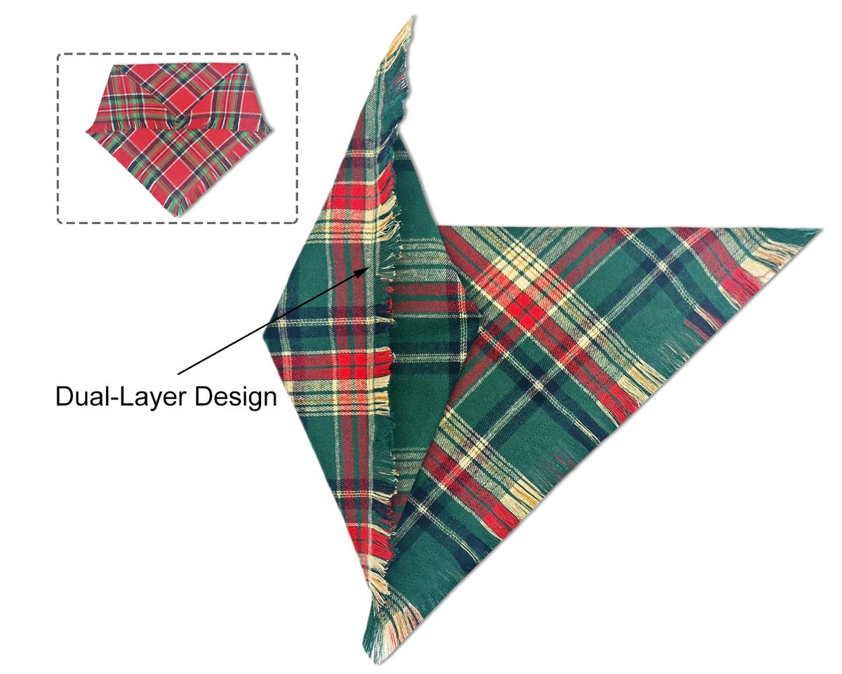 Christmas Dog Bandanas 2PCS-Large,Red-Green Plaid Scarf w/Tassels for Dogs