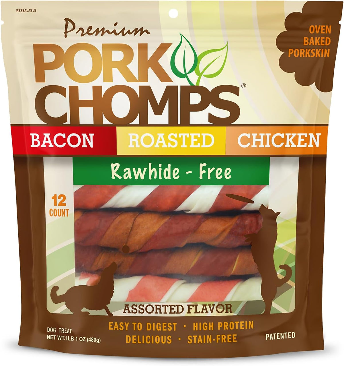Pork Chomps Roasted Pork Skin Dog Chews, Long Lasting 6in Twists, 4 Count