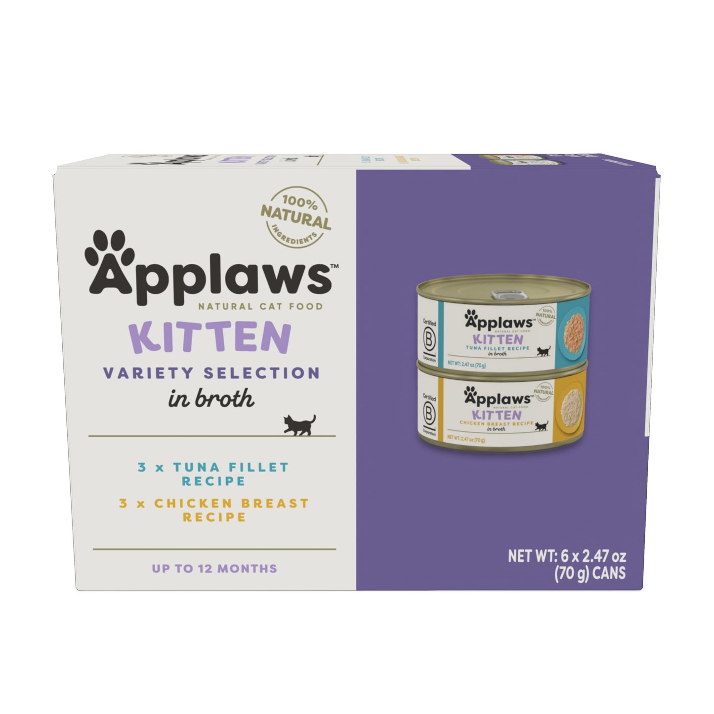 Applaws Natural Wet Kitten Food, Limited and Natural Ingredients, High Protein with No Artificial Additives, Kitten Variety Selection in Broth (6 x 2.47oz Cans)