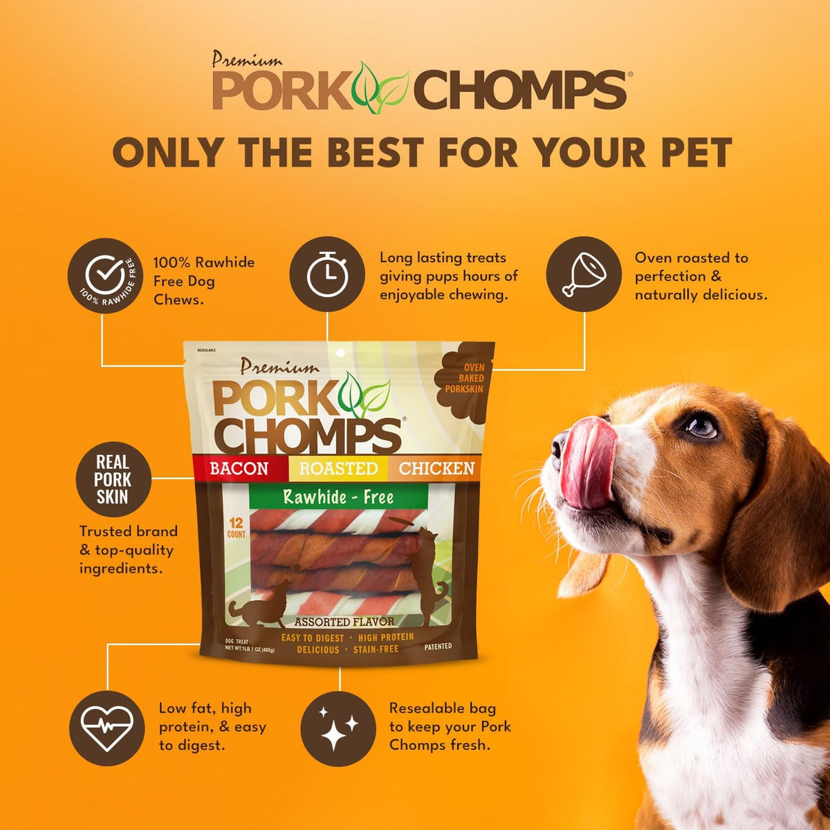 Pork Chomps Roasted Pork Skin Dog Chews, Long Lasting 6in Twists, 4 Count