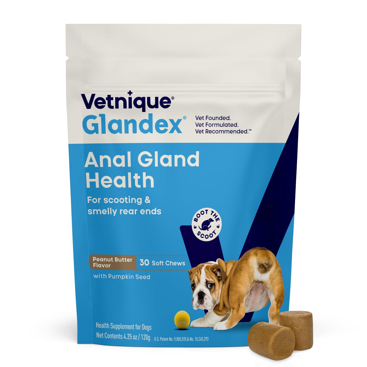 Vetnique Glandex Anal Gland Soft Chew Treats with Pumpkin for Dogs Digestive Enzymes, Probiotics Fiber Supplement for Dogs Boot the Scoot (30ct, Peanut Butter Chews)
