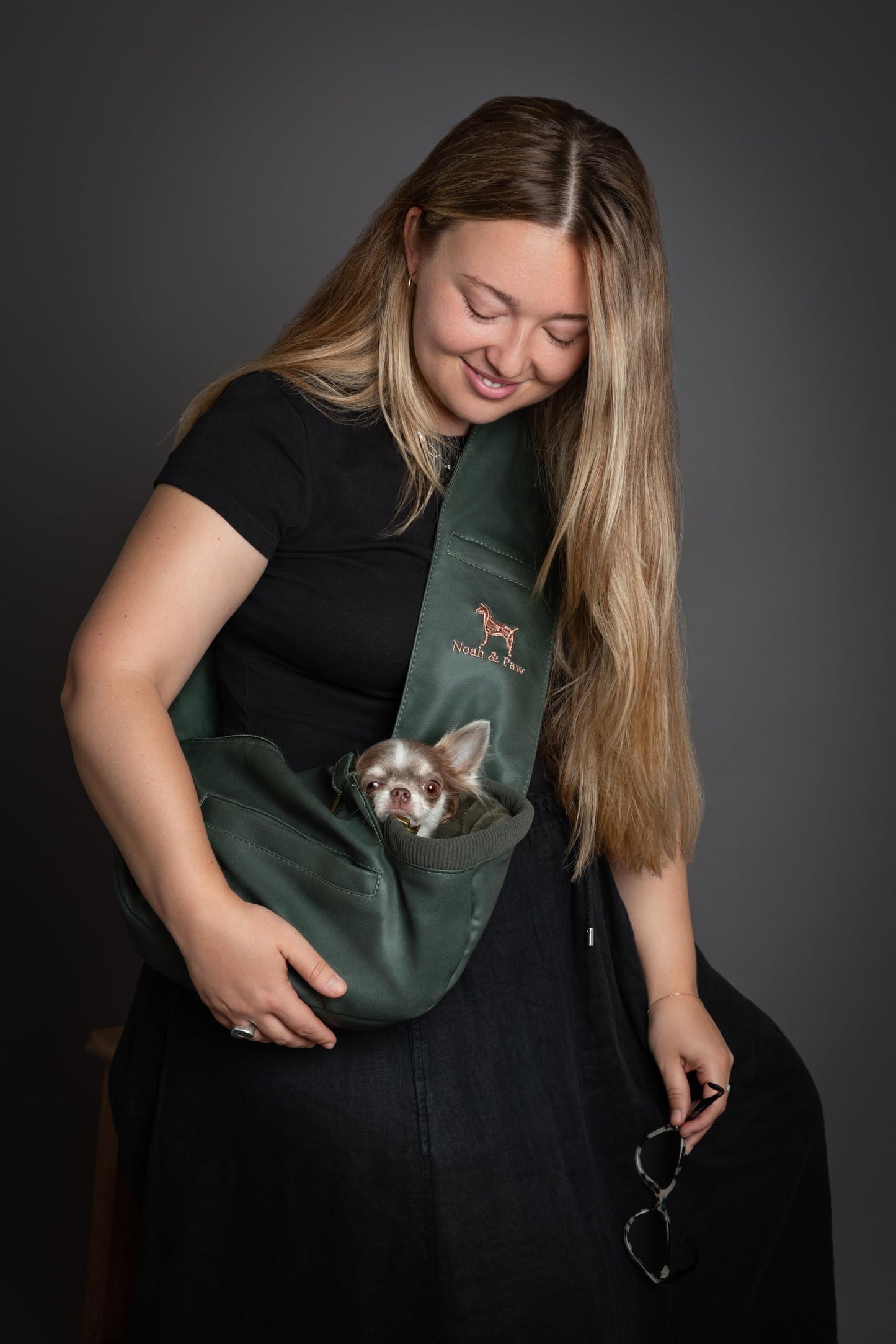 Noah & Paw Dog Sling Carrier for Small Dogs 5-18lb, Dog Sling for Small Dogs and Cats, Dog Carrier with Adjustable Padded Strap, Vegan Leather Lined with Fur, 3X Safety Features, Machine Washable