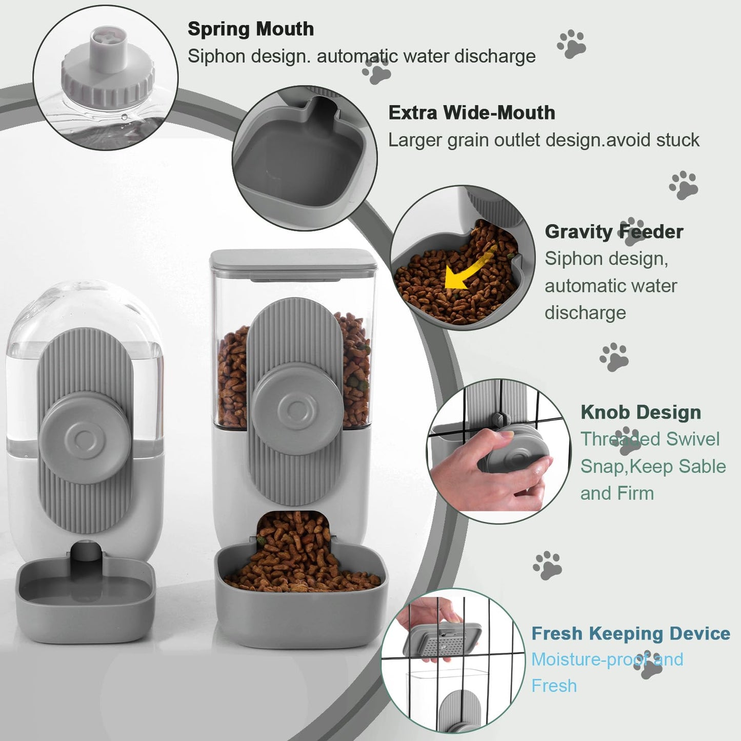 Lemtrflo Hanging Automatic Food and Water Dispenser, Gravity Rabbit Feeder Set, Cage Cat and Bunny Food Bowl (Cage Grid Spacing Over 1.2'')