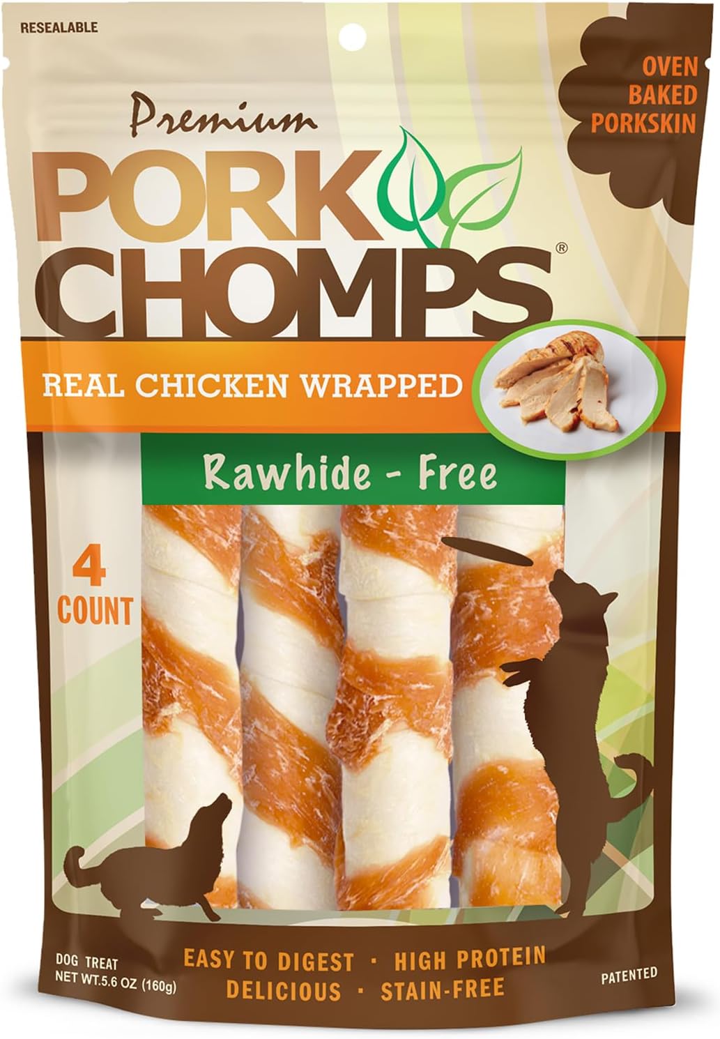 Pork Chomps Roasted Pork Skin Dog Chews, Long Lasting 6in Twists, 4 Count