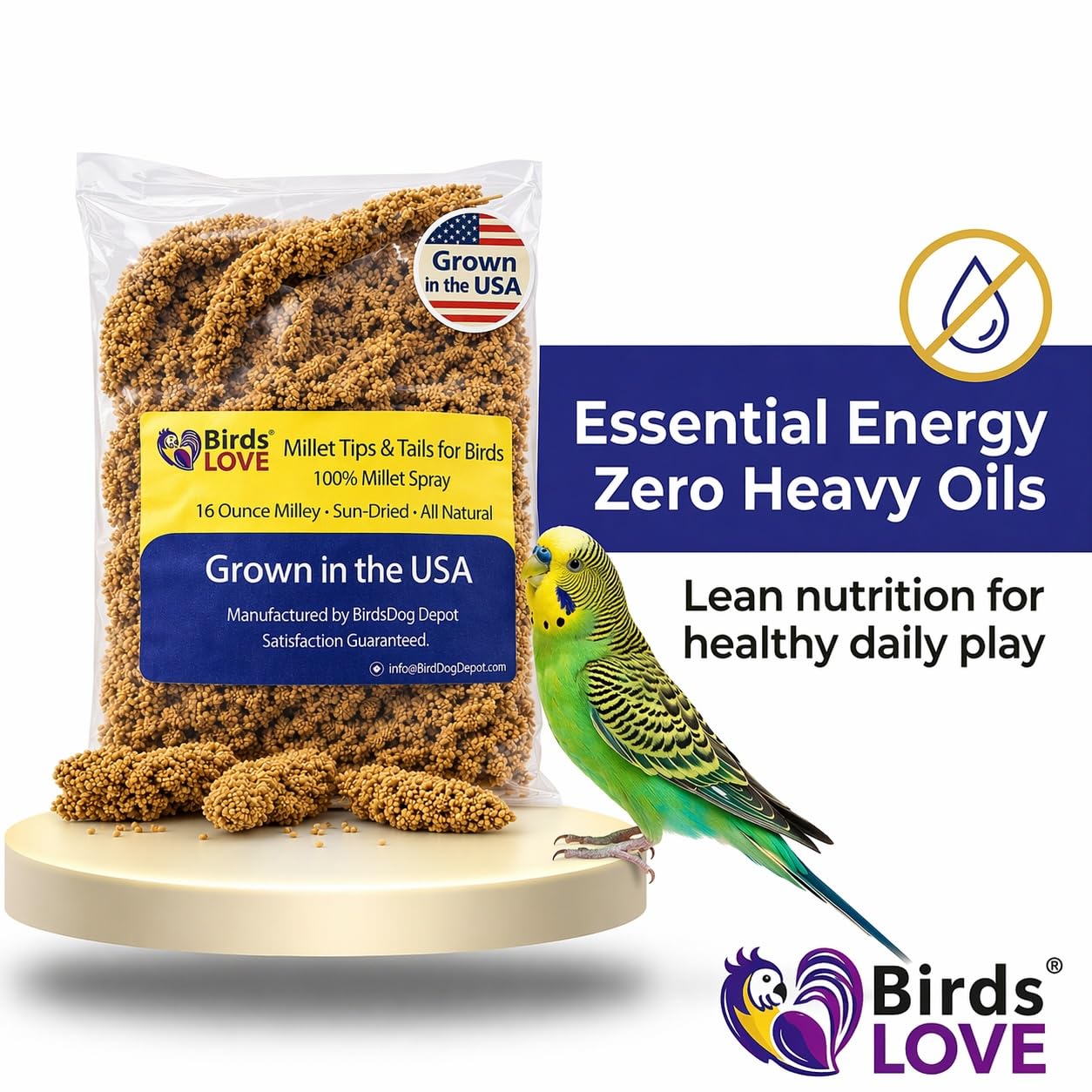 Birds LOVE® Millet Tips & Tails for Birds – Premium Spray Millet Treat, Grown in the USA – Natural & Healthy Bird Food for Parakeets, Cockatiels, Budgies, Lovebirds, Finches, Canaries & Parrots – 1 lb