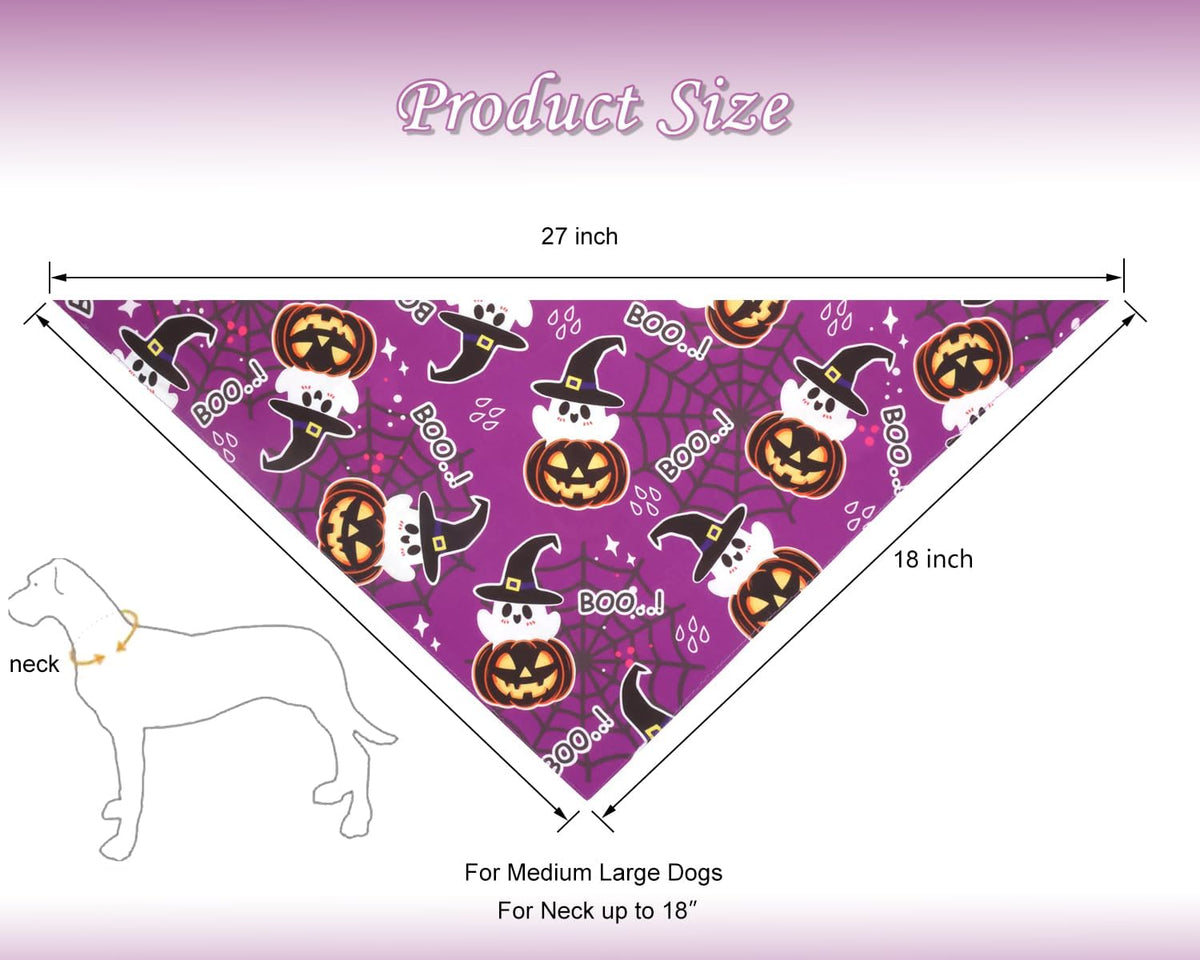 Halloween Dog Bandanas,Pumpkin and Cute Ghost Pet Scarf,Seasonal Outfit for Boy and Girl Dogs,Reversible Holiday Dog Costume for Medium to Large Dogs(2PCS,Purple,Black&White)
