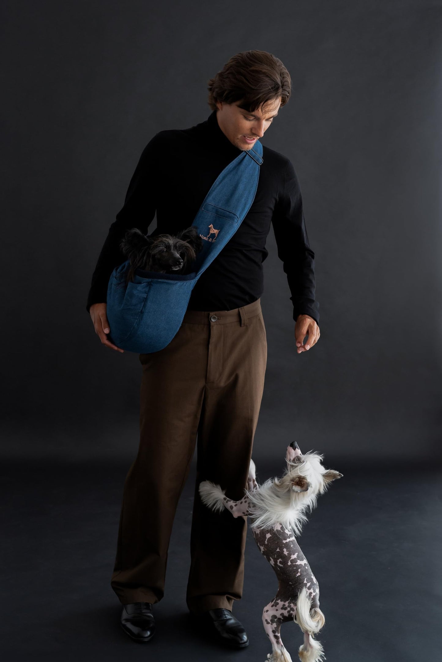 Noah & Paw Dog Sling Carrier for Small Dogs 5-18lb, Dog Sling for Small Dogs and Cats, Dog Carrier with Adjustable Padded Strap, Denim Lined with Fur, 3X Safety Features, Machine Washable