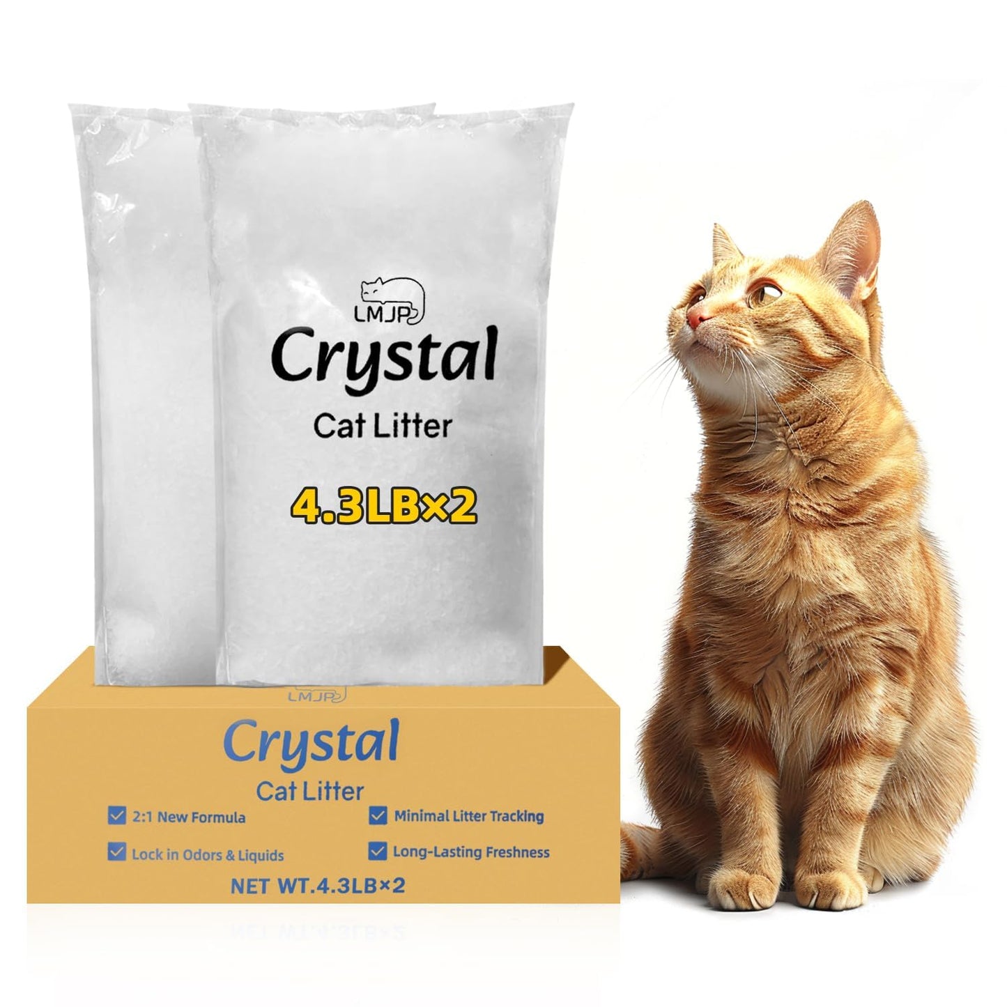 LMJP Crystal Cat Litter with Powerful Odor Control, Non-Clumping, Lasts Up to 2 Months, 8.6lb, Rapid Water Absorption, Unscented & Low Tracking Lightweight Blue & White Silica, 2 Pack of 4.3lb
