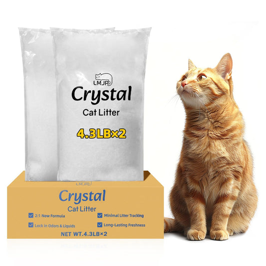 LMJP Crystal Cat Litter with Powerful Odor Control, Non-Clumping, Lasts Up to 2 Months, 8.6lb, Rapid Water Absorption, Unscented & Low Tracking Lightweight Blue & White Silica, 2 Pack of 4.3lb