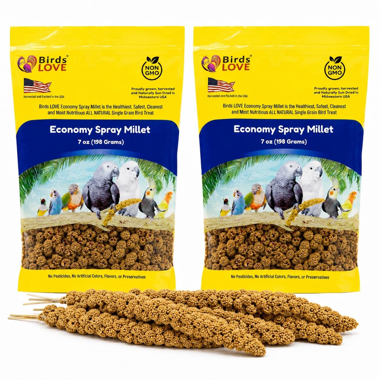 Birds LOVE® Millet Tips & Tails for Birds – Premium Spray Millet Treat, Grown in the USA – Natural & Healthy Bird Food for Parakeets, Cockatiels, Budgies, Lovebirds, Finches, Canaries & Parrots – 1 lb