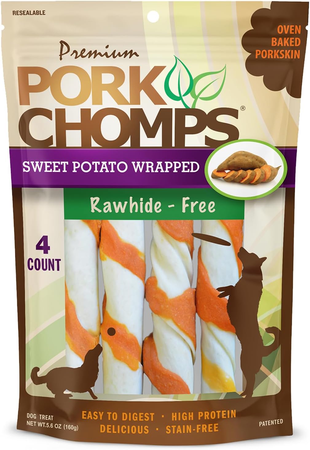 Pork Chomps Roasted Pork Skin Dog Chews, Long Lasting 6in Twists, 4 Count
