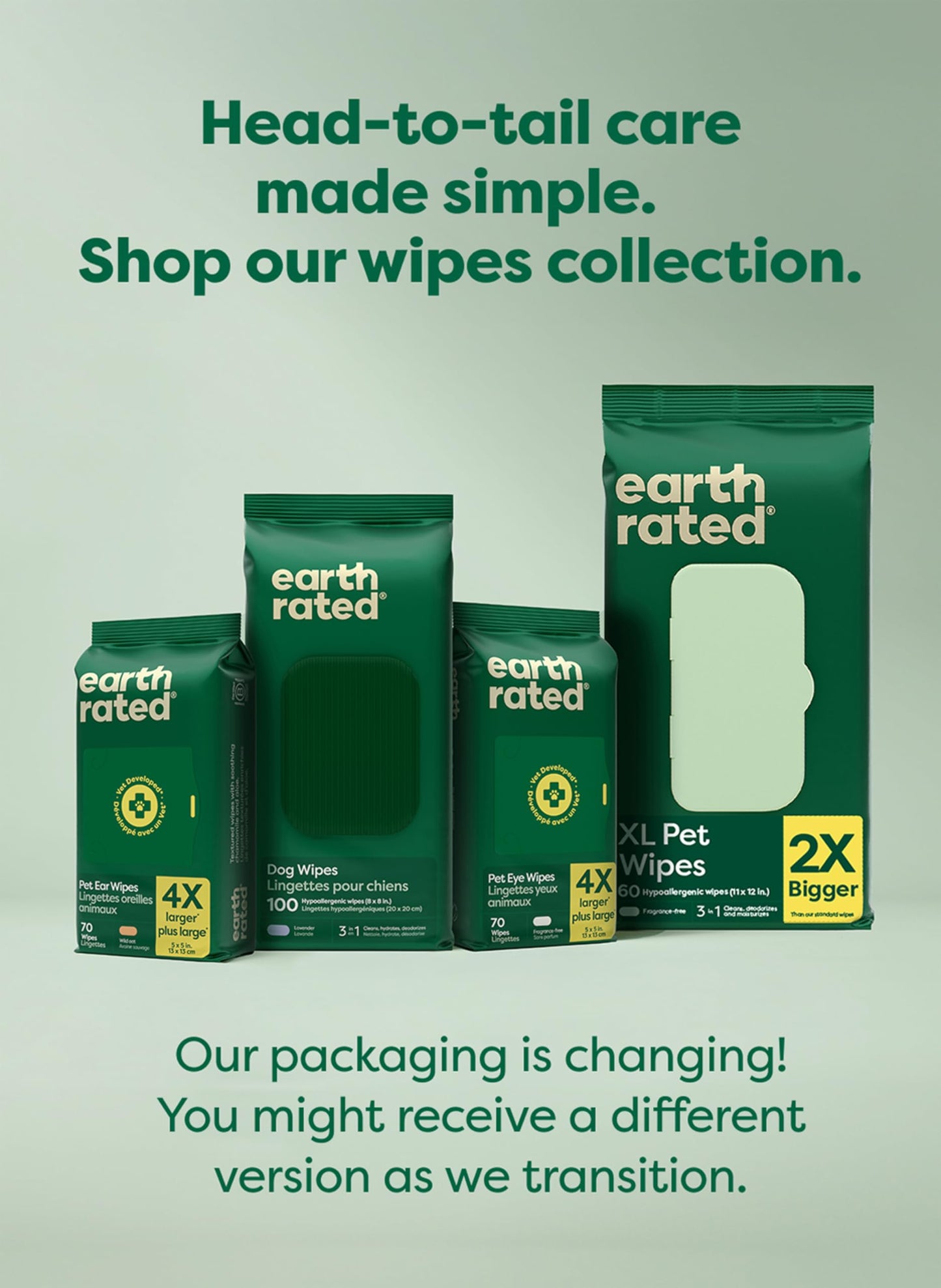 Earth Rated Pet Wipes for Dogs and Cats, Hypoallergenic, 3-in-1 Cleaning, Deodorizing and Hydrating, for Grooming Paws, Body and Butt, Unscented, 100 Count