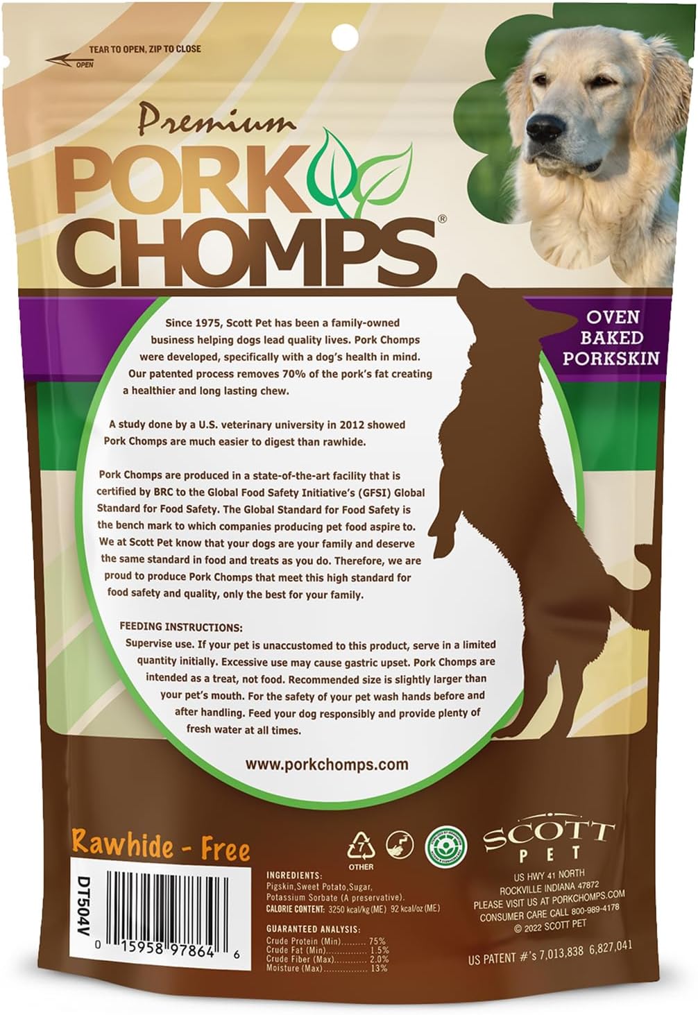 Pork Chomps Roasted Pork Skin Dog Chews, Long Lasting 6in Twists, 4 Count