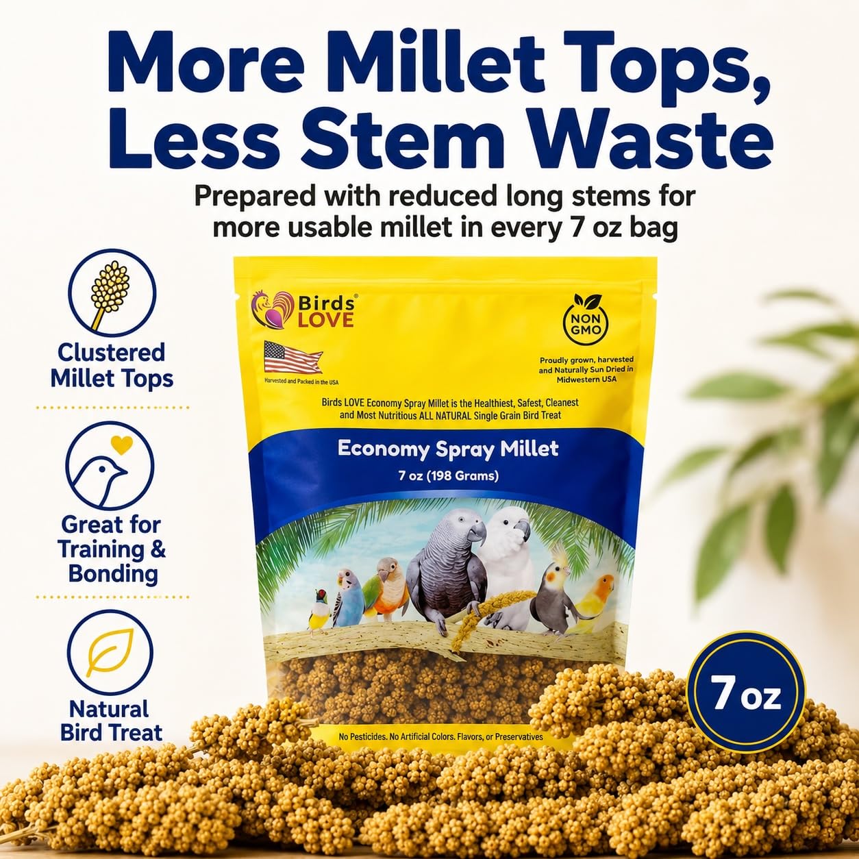 Birds LOVE® Millet Tips & Tails for Birds – Premium Spray Millet Treat, Grown in the USA – Natural & Healthy Bird Food for Parakeets, Cockatiels, Budgies, Lovebirds, Finches, Canaries & Parrots – 1 lb