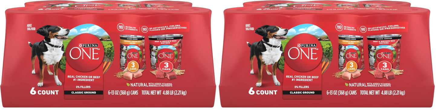 Purina ONE Classic Ground Chicken and Brown Rice, and Beef and Brown Rice Entrees Wet Dog Food Variety Pack - (Pack of 6) 13 oz. Cans