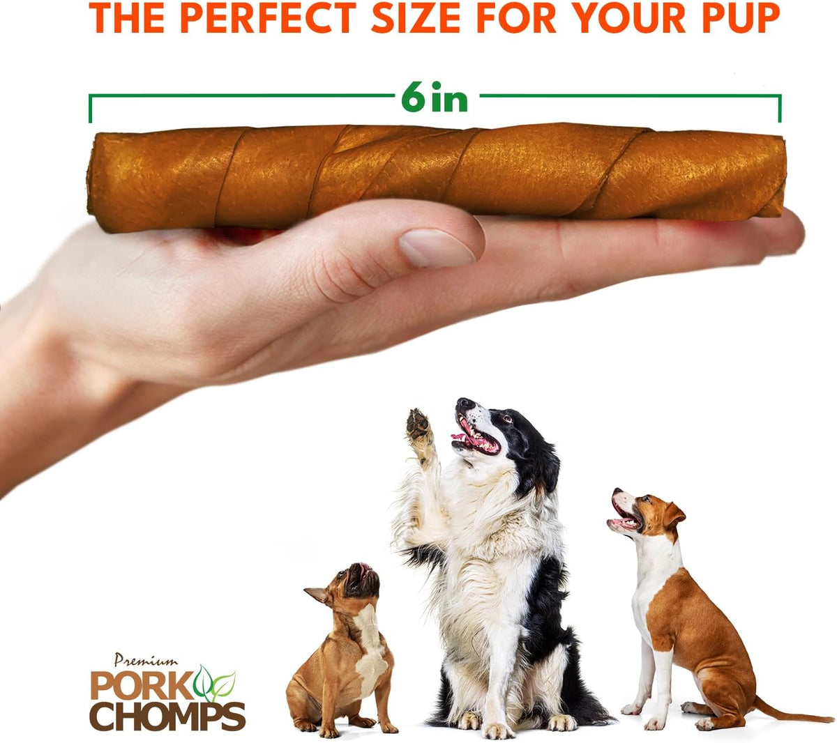 Pork Chomps Roasted Pork Skin Dog Chews, Long Lasting 6in Twists, 4 Count