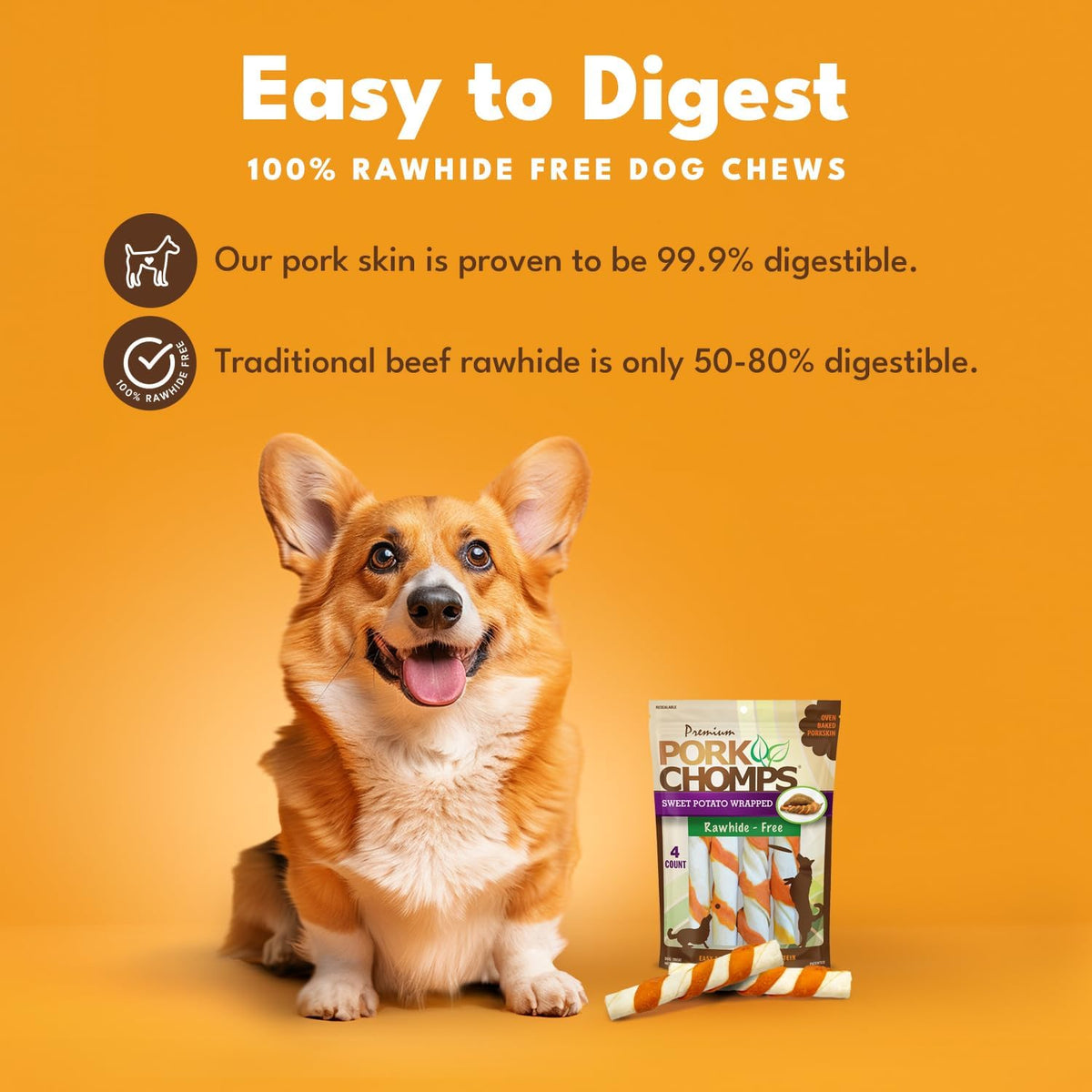 Pork Chomps Roasted Pork Skin Dog Chews, Long Lasting 6in Twists, 4 Count