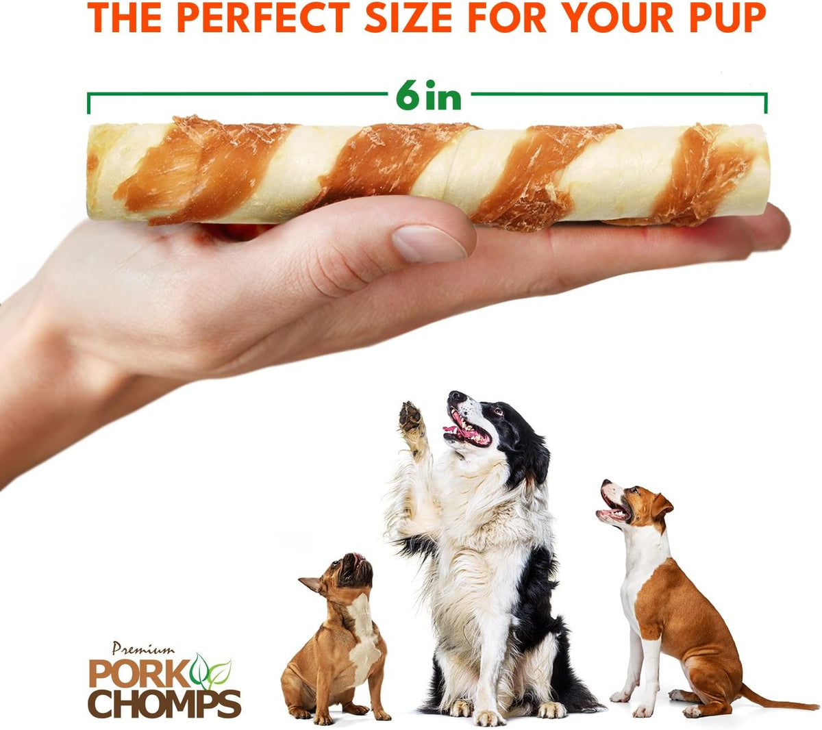 Pork Chomps Roasted Pork Skin Dog Chews, Long Lasting 6in Twists, 4 Count
