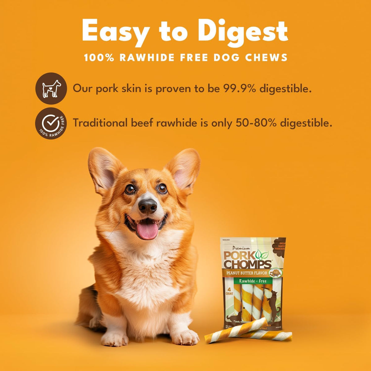 Pork Chomps Roasted Pork Skin Dog Chews, Long Lasting 6in Twists, 4 Count
