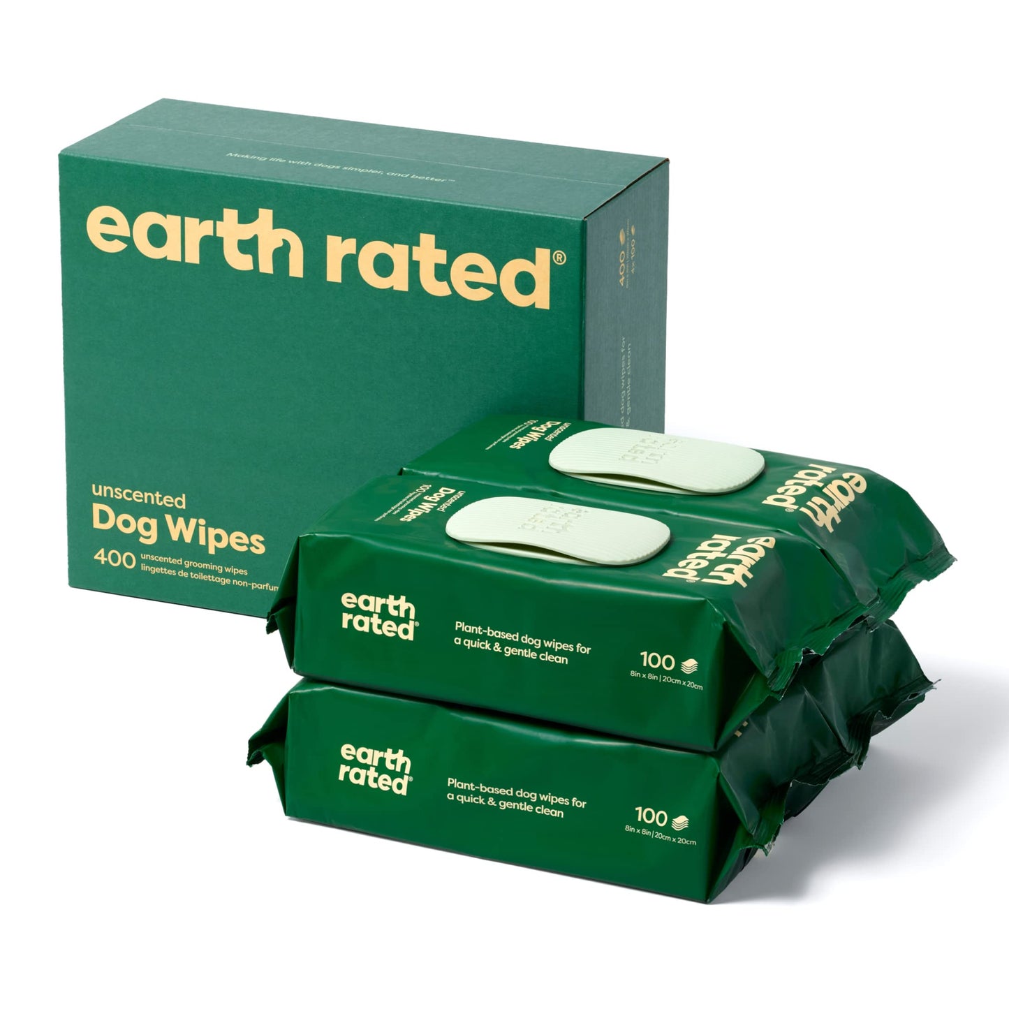 Earth Rated Pet Wipes for Dogs and Cats, Hypoallergenic, 3-in-1 Cleaning, Deodorizing and Hydrating, for Grooming Paws, Body and Butt, Unscented, 100 Count