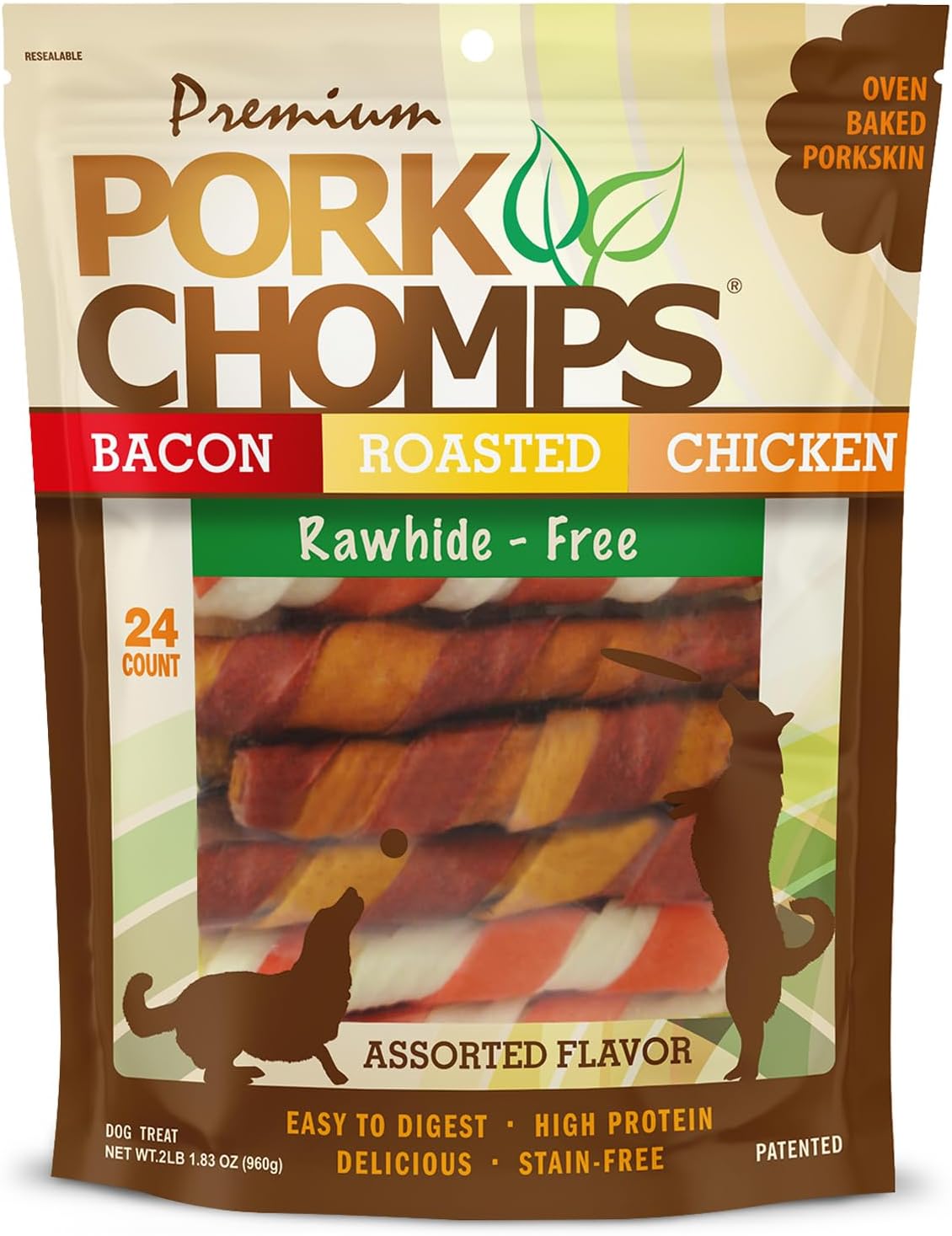 Pork Chomps Roasted Pork Skin Dog Chews, Long Lasting 6in Twists, 4 Count