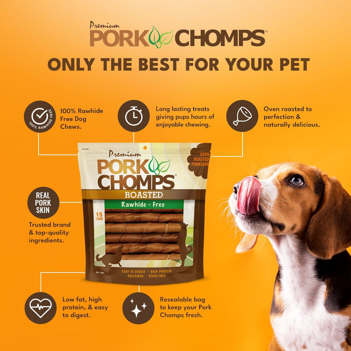 Pork Chomps Roasted Pork Skin Dog Chews, Long Lasting 6in Twists, 4 Count