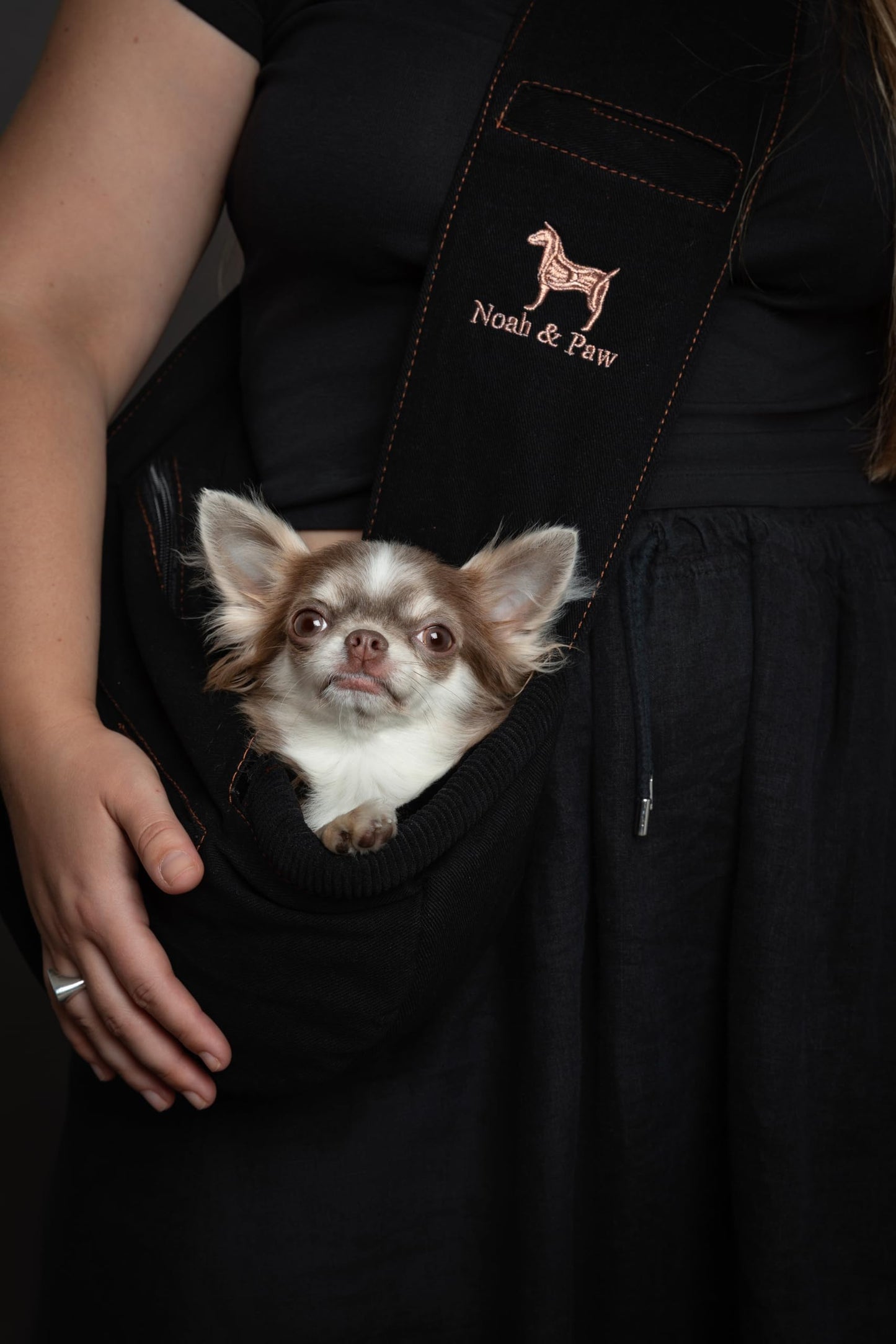 Noah & Paw Dog Sling Carrier for Small Dogs 5-18lb, Dog Sling for Small Dogs and Cats, Dog Carrier with Adjustable Padded Strap, Denim Lined with Fur, 3X Safety Features, Machine Washable