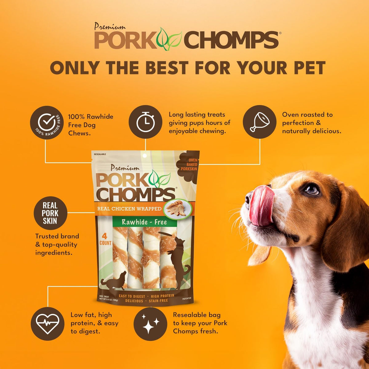 Pork Chomps Roasted Pork Skin Dog Chews, Long Lasting 6in Twists, 4 Count