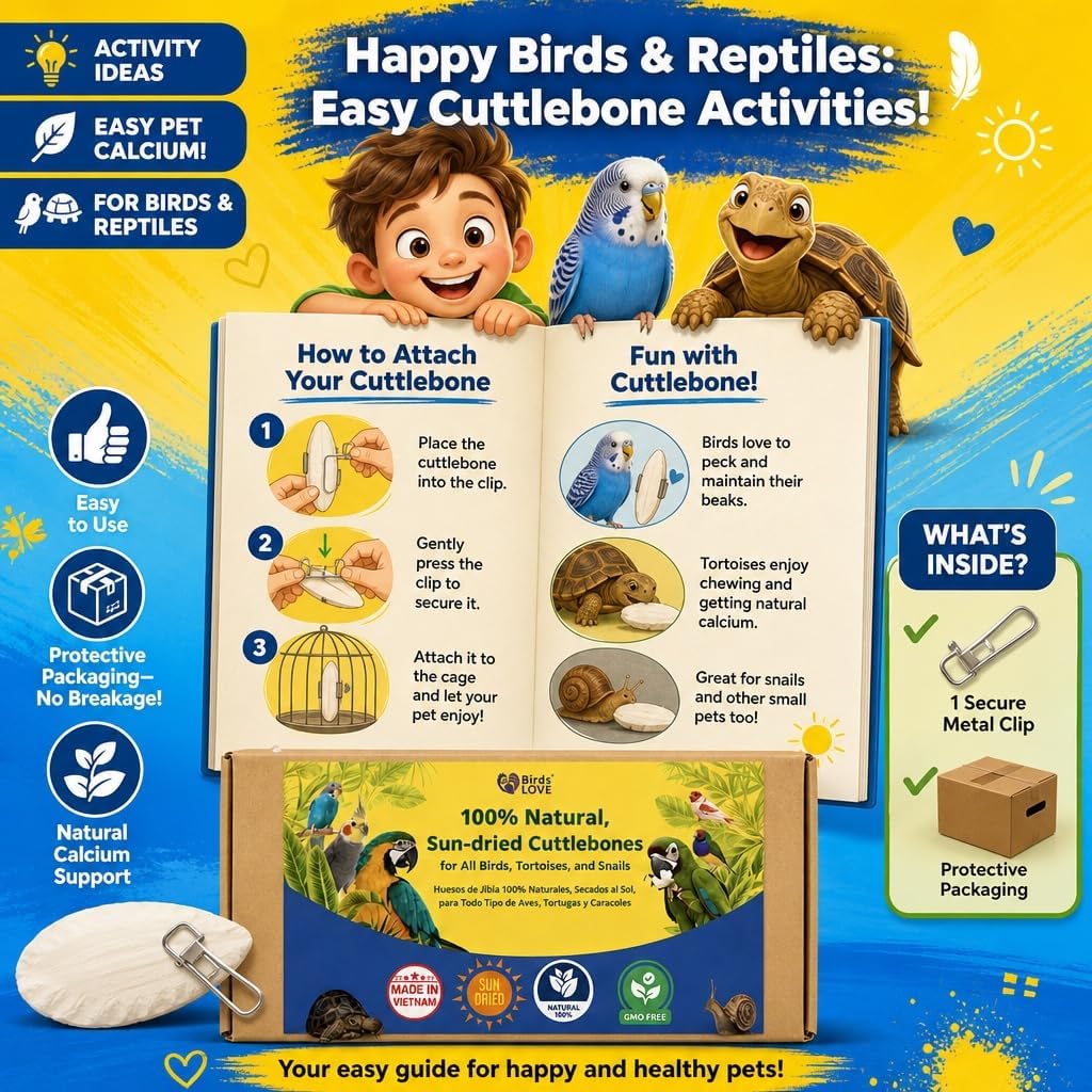 Birds LOVE 3.5-4″ Cuttlebone for Birds – 100% Natural Sun-Dried Calcium & Beak Conditioning Supplement for Parakeets, Budgies, Cockatiels, Finches & Canaries – 4 Pack with Holder – Made in Vietnam