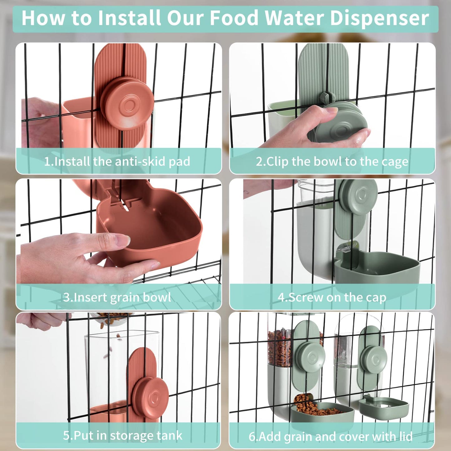 Lemtrflo Hanging Automatic Food and Water Dispenser, Gravity Rabbit Feeder Set, Cage Cat and Bunny Food Bowl (Cage Grid Spacing Over 1.2'')