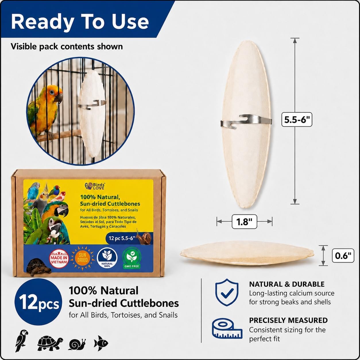 Birds LOVE 3.5-4″ Cuttlebone for Birds – 100% Natural Sun-Dried Calcium & Beak Conditioning Supplement for Parakeets, Budgies, Cockatiels, Finches & Canaries – 4 Pack with Holder – Made in Vietnam