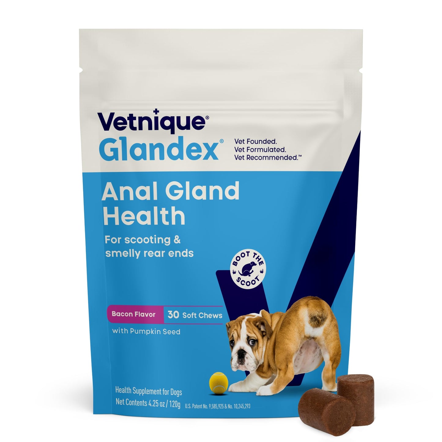 Vetnique Glandex Anal Gland Soft Chew Treats with Pumpkin for Dogs Digestive Enzymes, Probiotics Fiber Supplement for Dogs Boot the Scoot (30ct, Peanut Butter Chews)