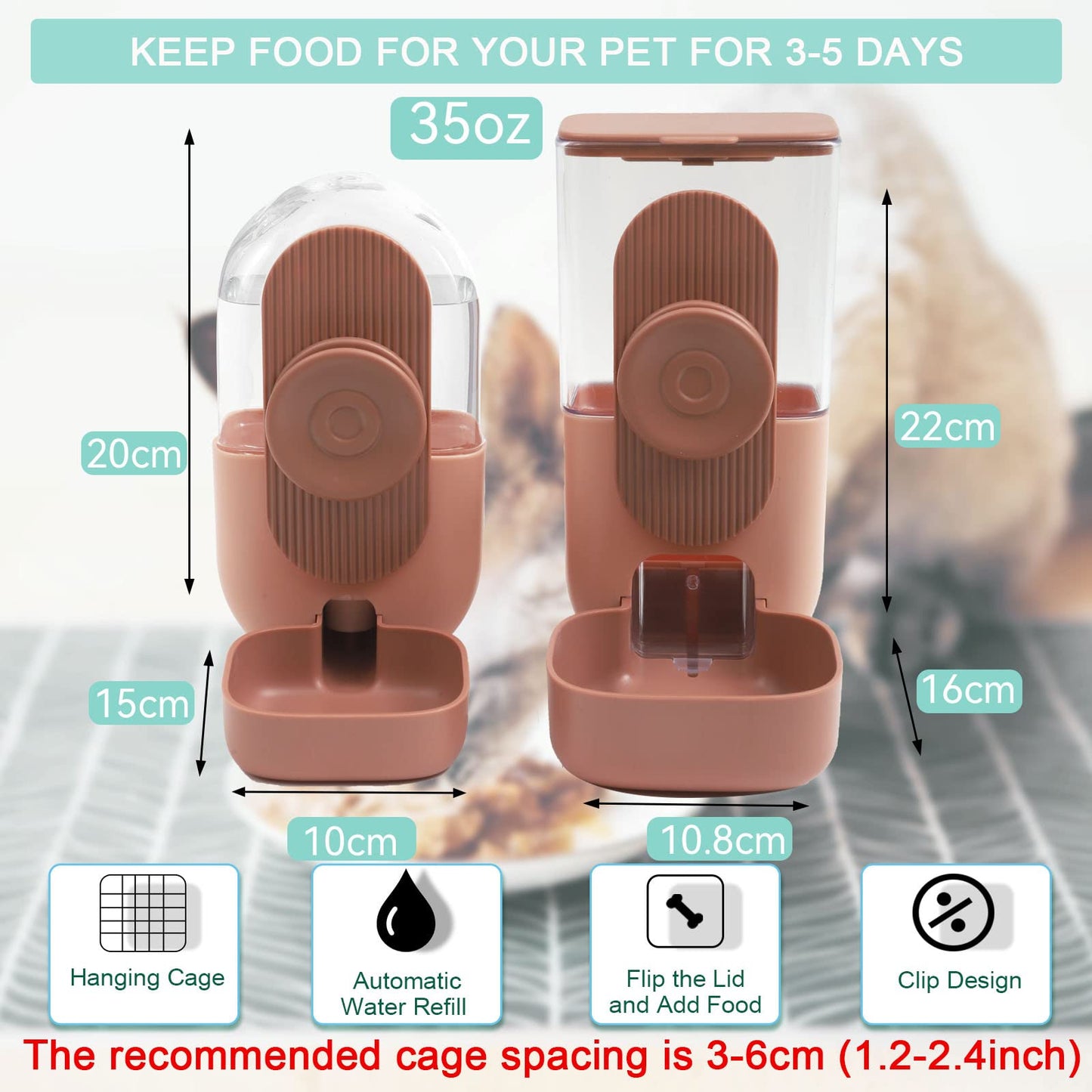 Lemtrflo Hanging Automatic Food and Water Dispenser, Gravity Rabbit Feeder Set, Cage Cat and Bunny Food Bowl (Cage Grid Spacing Over 1.2'')