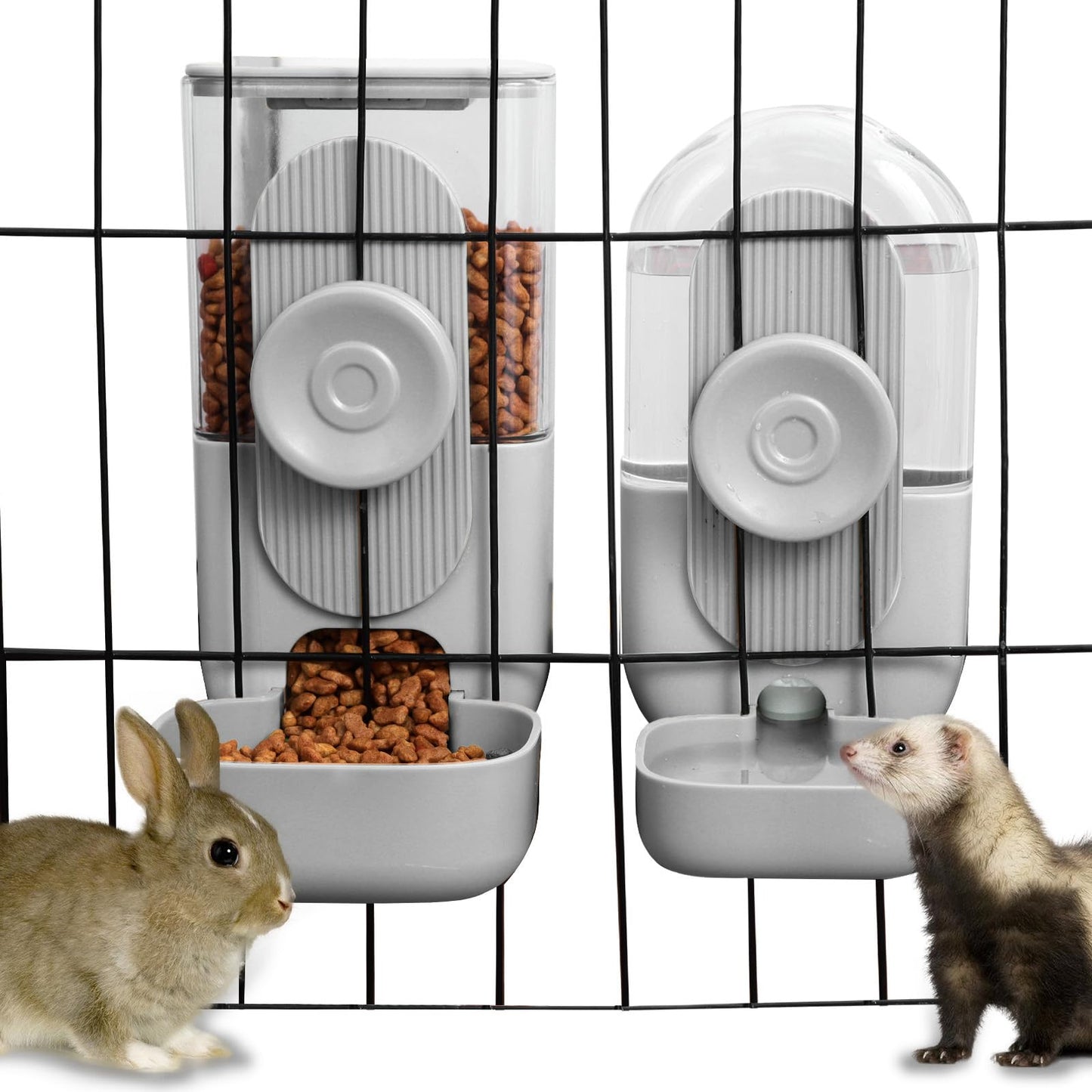 Lemtrflo Hanging Automatic Food and Water Dispenser, Gravity Rabbit Feeder Set, Cage Cat and Bunny Food Bowl (Cage Grid Spacing Over 1.2'')