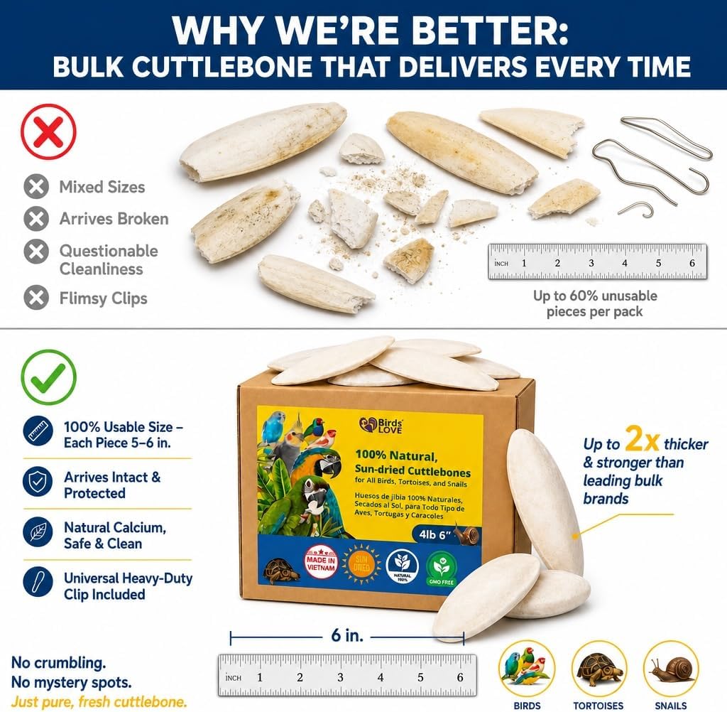 Birds LOVE 3.5-4″ Cuttlebone for Birds – 100% Natural Sun-Dried Calcium & Beak Conditioning Supplement for Parakeets, Budgies, Cockatiels, Finches & Canaries – 4 Pack with Holder – Made in Vietnam